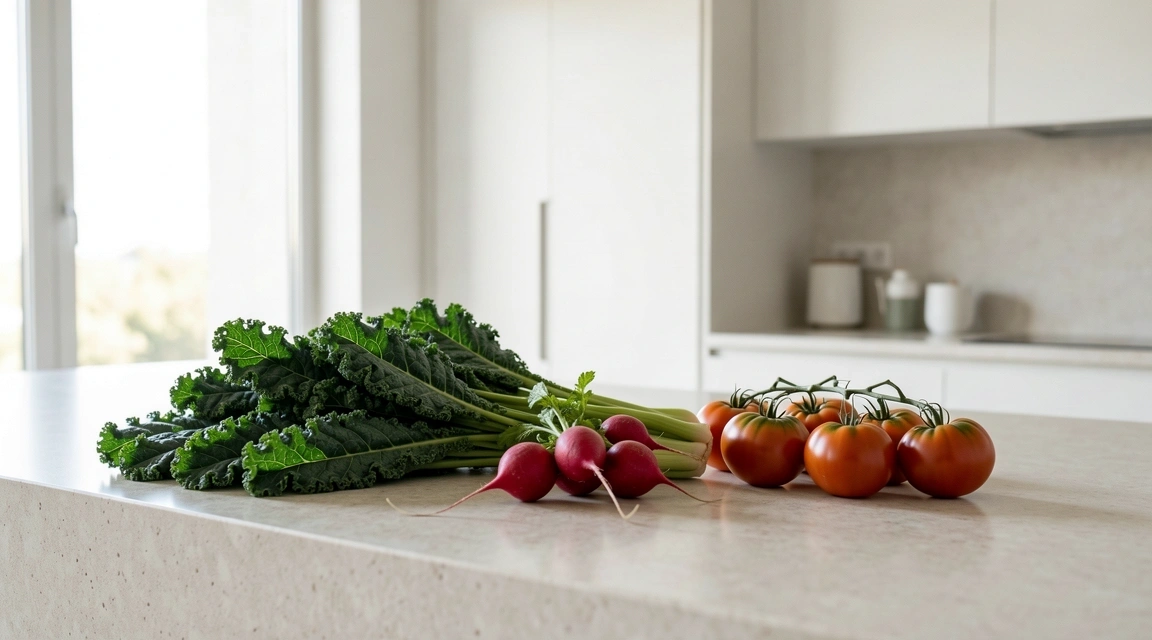 Ingrédients frais sur un plan de travail en pierre